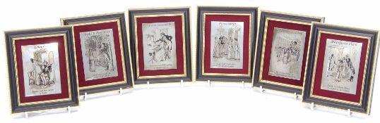 Six engraved silver rectangular panels in gilt and ebonised Hogarth type frames entitled "Emma,