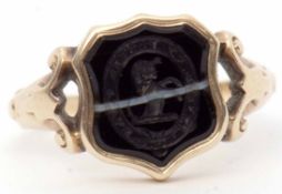 Antique banded agate reverse intaglio ring, hand carved in a shield shaped panel depicting a