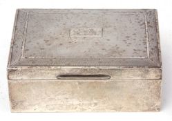 Elizabeth II silver table cigarette box of rectangular form with polished body and hinged cover with