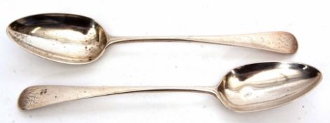 Two George III Old English pattern table spoons, initialled, length 23cm, combined weight approx