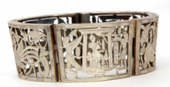 Vintage white metal Egyptian bracelet, circa 1950, having five articulated pierced panels, the catch