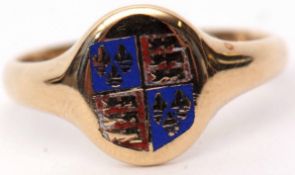 Antique 9ct gold and enamel ring, the oval panel with a red and blue enamel shield to a plain