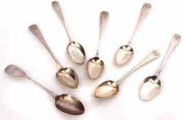 Mixed Lot: seven various tea spoons, six Old English pattern and one Fiddle pattern examples,