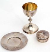 Elizabeth II part travelling communion set comprising chalice, paten and wafer box, all of