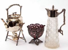 Mixed Lot: comprising silver plated and clear cut glass claret jug, together with a tea kettle on