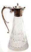 Late Elizabeth II silver mounted and clear cut glass claret jug, the moulded trumpet formed body