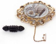 Mixed Lot: large Victorian mourning brooch, set with locks of hair and seed pearls, circa 1870, 60 x