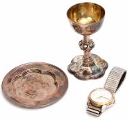 Part hallmarked silver travelling communion set comprising chalice and paten, the former with