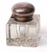 Edward VII silver mounted and clear cut glass inkwell, the square section clear glass body with