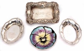 Mixed Lot: three various silver and white metal pin trays, together with a further enamelled dish