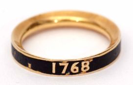 Georgian gold and enamel mourning ring, the waisted thin band with black filled enamel detail, dated