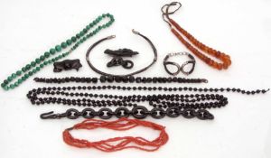 Mixed Lot: malachite bead necklace, vintage coral bead necklace, faceted jet bead necklace (a/f),