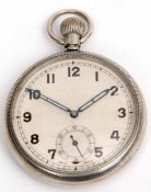 Mid-20th century nickel cased open face keyless lever watch, the Swiss 15-jewel movement with mono-