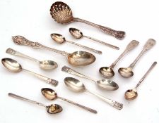 Mixed Lot: comprising single dessert spoon, Kings pattern sifter spoon, two Fiddle pattern salt