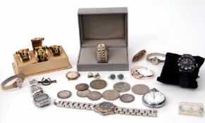 Shoe box with various watches, boxed matching bangle and earring set, quantity of English coinage