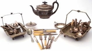 Mixed Lot: assorted flatware and cutlery together with tea pot, swing handled table baskets (qty)