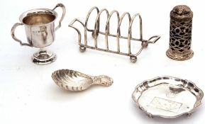 Mixed Lot: small wire work four-slice toast rack, small two-handled trophy cup, shell bowled caddy