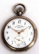 Early 20th century base metal cased open face keyless lever watch, Moeris "Invicta", the frosted