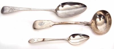 Mixed Lot: comprising an engraved Old English pattern table spoon, Fiddle pattern sauce ladle and
