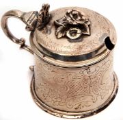 Victorian drum mustard of engraved cylindrical form with crested cartouche, hinged and domed cover