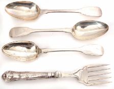 Mixed Lot: comprising three Victorian Fiddle pattern table spoons, London 1845, maker's mark IL, HL,
