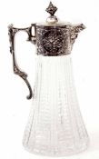 Modern clear glass and electro-plate mounted claret jug, the flared and textured body to a