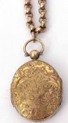 9ct stamped Belcher chain, suspending a Victorian gilt metal oval double photo pendant, the chain