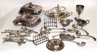 Mixed Lot: various lidded serving dishes, trophy cup, toast racks, sauce boats and assorted flatware