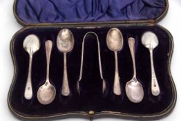 Six cased Hanoverian rat-tail pattern tea spoons, each crested verso, Sheffield 1899/1903, maker's