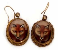 Pair of Victorian reverse painted fox head miniature earrings, in gilt metal rope twist frames,