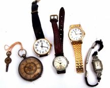 Mixed Lot: comprising a Swiss silver cased open face key wind cylinder fob watch, together with four