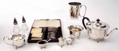 Mixed Lot: cased set of six each fish knives and forks, electro-plated beer mug, three piece tea