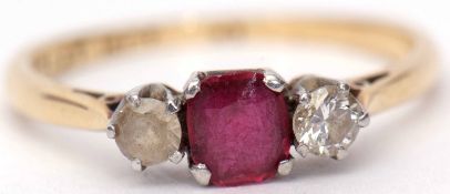 Antique ruby and diamond ring, the cushion cut ruby claw set between a brilliant cut diamond, 0.10ct