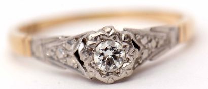 Precious metal single stone diamond ring featuring a small brilliant cut diamond in a star