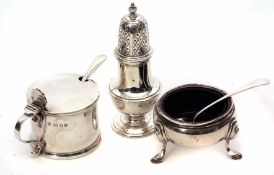Elizabeth II three piece cruet set comprising baluster pepper caster, lidded drum mustard and
