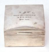 Elizabeth II table cigarette box of hinged and polished square form, presentation inscription to the