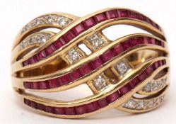 Precious metal ruby and diamond stylised ring, having three bands of small pave set rubies (one
