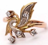 Russian diamond floral motif ring, the two-tone coloured branches feature five small diamonds,