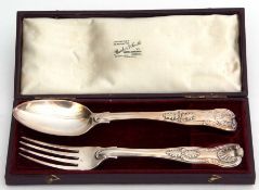 Early Victorian cased christening spoon and fork, Kings pattern, in a silk and velvet lined