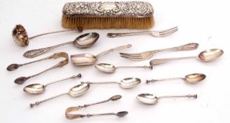 Mixed Lot: comprising various silver and white metal flatware including six seal top coffee spoons