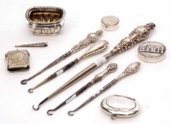 Mixed Lot: comprising five various silver handled button hooks together with an open salt, oval