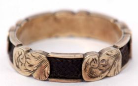 Antique hair work memorial ring, the band alternately designed with scrolling grey panels between