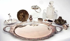 Mixed Lot: comprising an oval two-handled tea tray together with clear cut glass decanters, clear