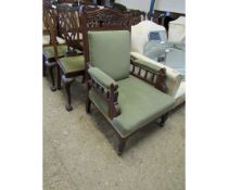 EDWARDIAN WALNUT CARVED FRAMED GENTLEMAN'S CHAIR WITH GREEN STRIPED UPHOLSTERY