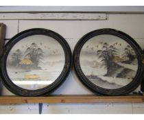 PAIR OF EBONISED CIRCULAR FRAMED SILK PRINTS