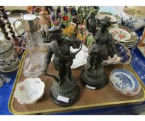 TRAY CONTAINING A PAIR OF SPELTER FIGURES, GERMAN PRINTED BOWL, SILVER PLATED AND ETCHED GLASS