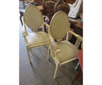 PAIR OF WHITE PAINTED ARMCHAIRS WITH UPHOLSTERED SEAT, BACK AND ARMS