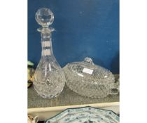 CUT GLASS DECANTER AND STOPPER WITH FLORAL DESIGN, TOGETHER WITH A GLASS TUREEN AND COVER, THE