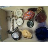 MIXED LOT CONTAINING A MOTHER OF PEARL INLAID CRUCIFIX, TRAVELLING INKWELL, RESIN SCENT BOTTLE ETC