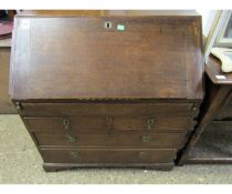 18TH CENTURY OAK BUREAU, FALL FRONT ENCLOSING PARTIALLY FITTED INTERIOR WITH WELL OVER TWO SHORT AND